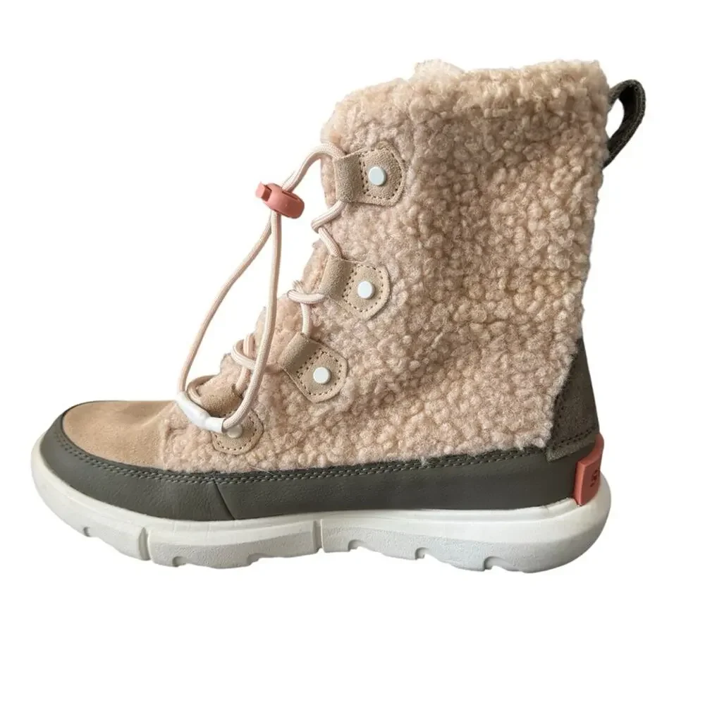 Sorel Youth Explorer II Joan Cozy Sherpa Lace Up Winter Boot Natural Green Sz 6